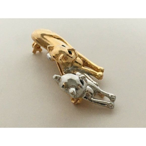 Cats Brooch Pin Silver & Gold Tone Laying Black Eyes Vintage Costume Jewelry 2" - Picture 6 of 10